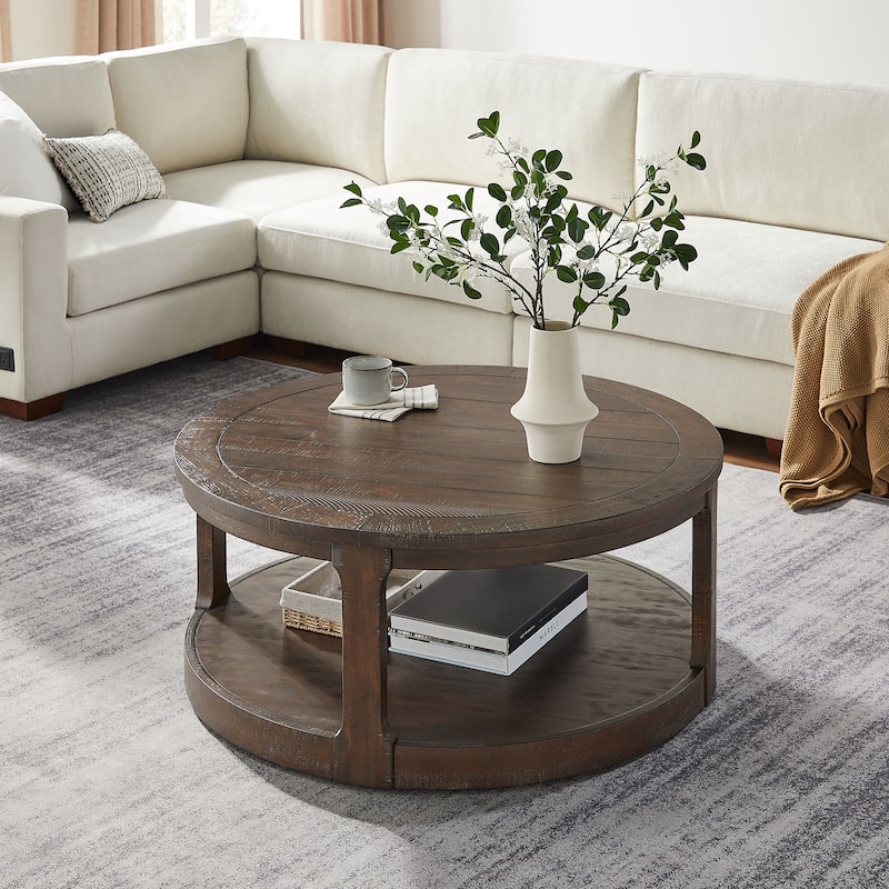40-Inch, Mid-Century Round Coffee Table Rustic Style 2-Tier Round Coffee Table, for Living Room, Brown