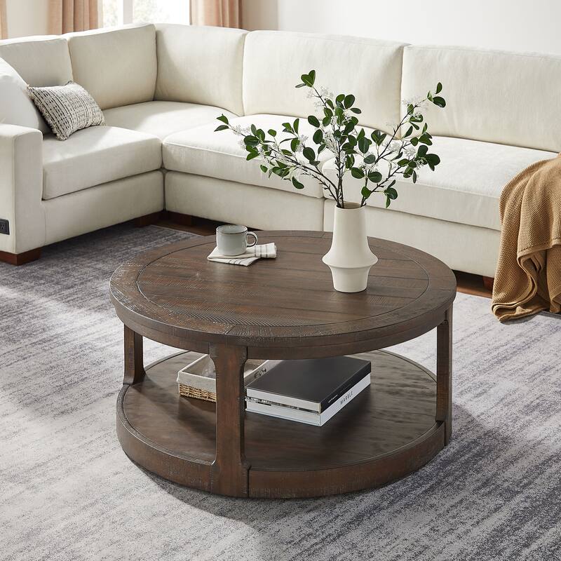 40 inch Large Curved 2 Tier Traditional Round Circle Wooden Center Coffee Table,Mid Century Vintage Design Rounded Wooden Table
