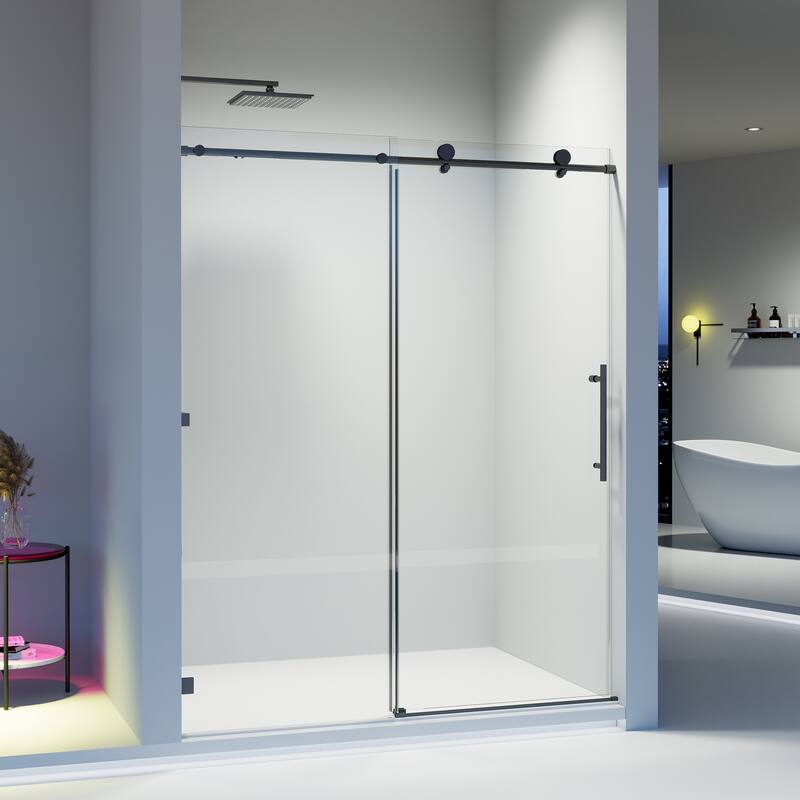56-60" W x 74" H Frameless Single Sliding Shower Door, 8mm Tempered Glass, Soft-Close Panel, Reversible Install - 60x74" - Matte Black