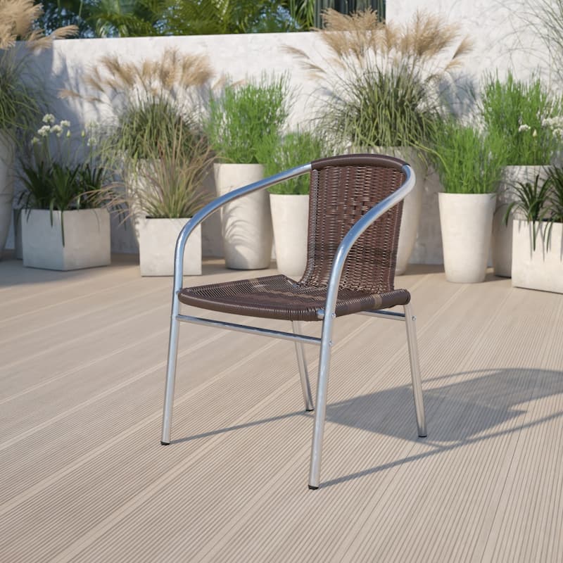 4 Pack Aluminum and Rattan Commercial Indoor-Outdoor Restaurant Stack Chair - Aluminum and Dark Brown