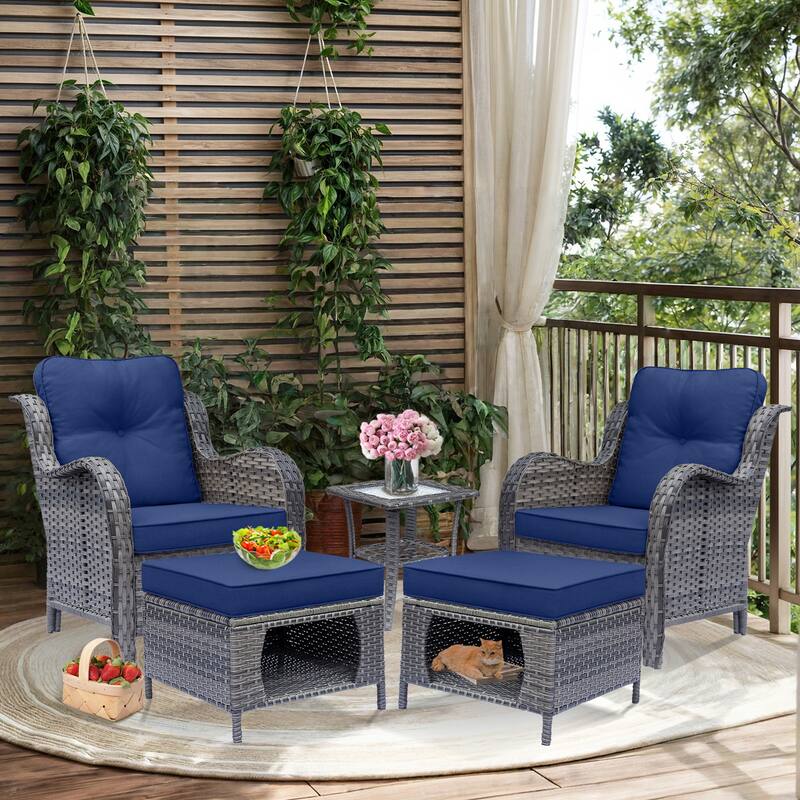 Outdoor Patio Furniture-Gray Wicker Armchair with Storage Ottoman Sets