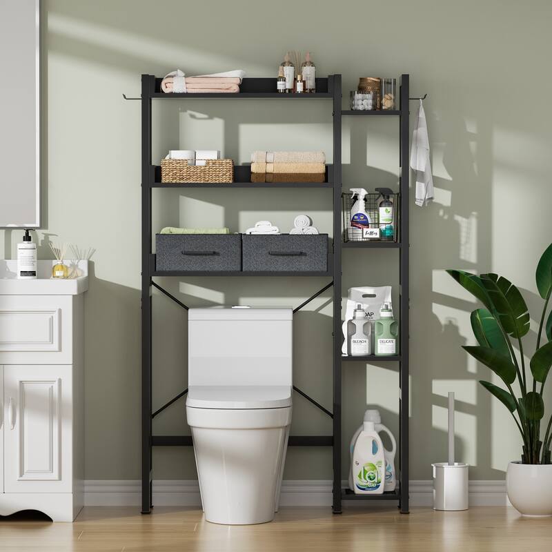 31'' W Over the Toilet Storage Shelf with 2 Drawers and 4 Hooks for Restroom and Laundry - Black