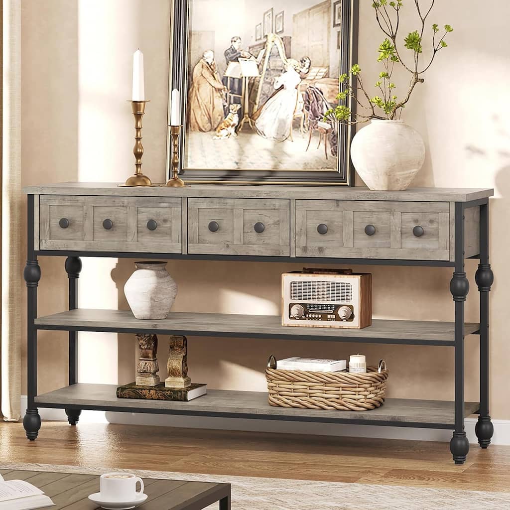 53" 3-Tier Console Sofa Table, Entryway Table with 3 Drawers