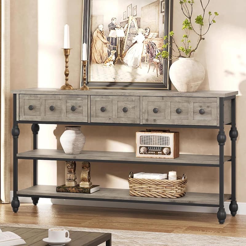 53" 3-Tier Console Sofa Table, Entryway Table with 3 Drawers - Grey