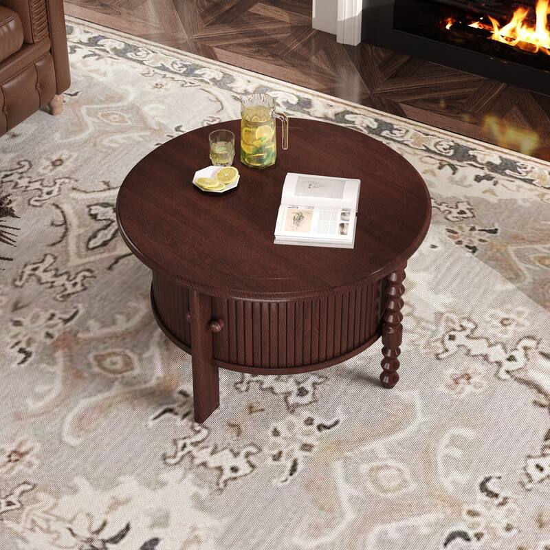 Vintage Round Coffee Table with Storage - Walnut
