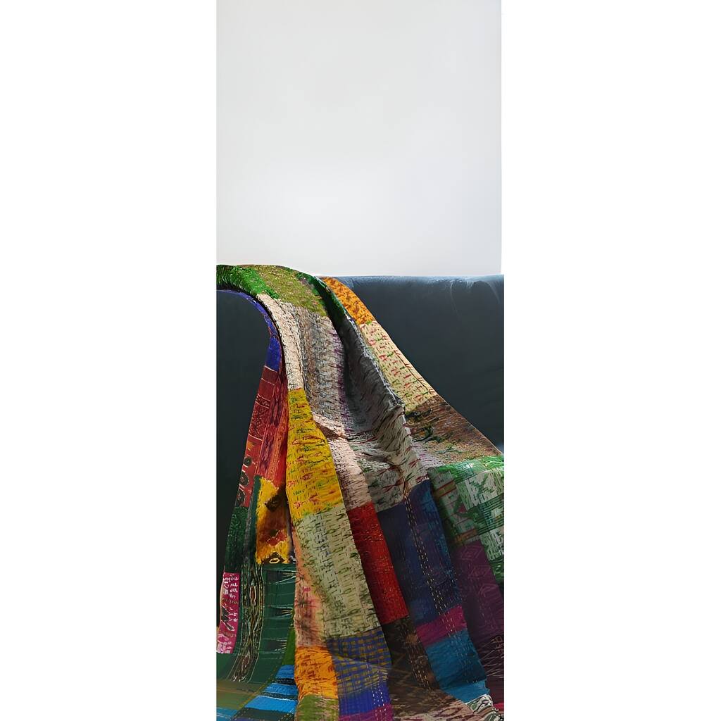 HomeRoots 70" X 50" Blue and Green Kantha Silk Patchwork Throw Blanket with Embroidery