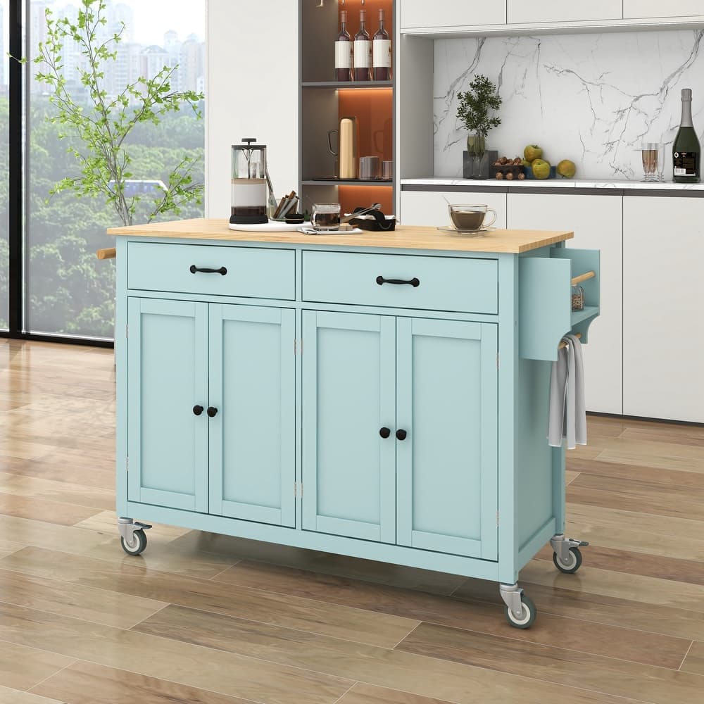 Rolling Kitchen Island Cart with Side Spice Rack and Towel Rack, Solid Wood Top Storage Cabinet w/4 Door Cabinet and Two Drawers