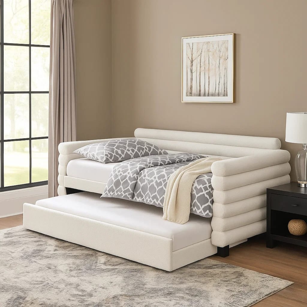 Ricia Twin Daybed with Trundle, Layered Bolster Design, White Boucle