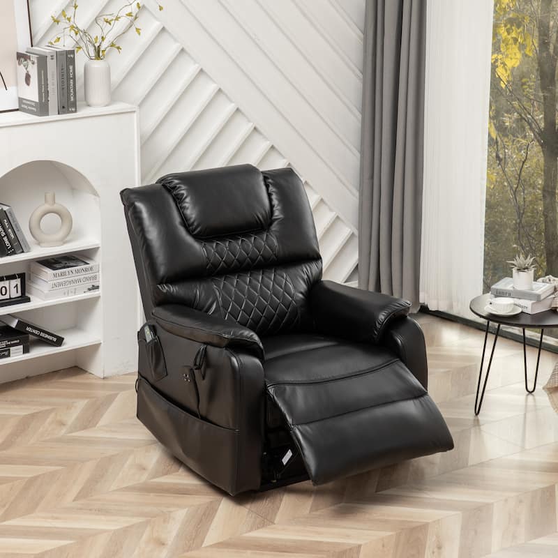 Black Oversized PU Leather Power Lift Recliner with Massage, Lumbar Heating, Side Pockets, 180° Flat Lay