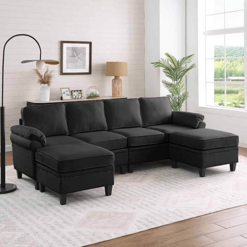 102" U-Shaped Linen Fabric Sectional Sofa with Ottomans