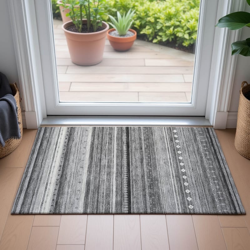 Machine Washable Indoor/Outdoor Boho Stripes Chantille Rug