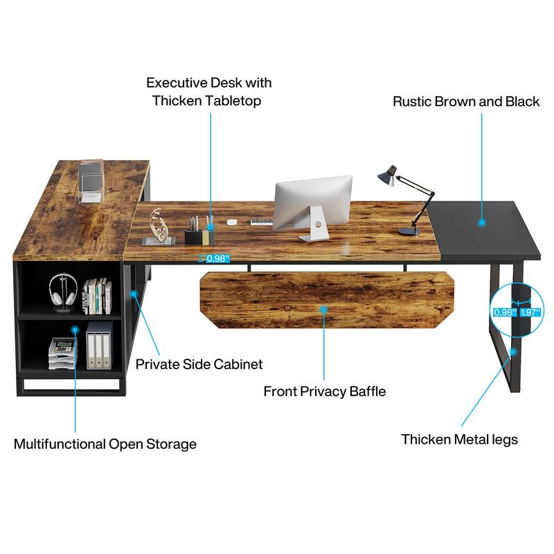 70.8-Inch Executive Desk with 55-Inch File Cabinet, Large L Shaped Computer Desk with Storage Cabinet and Shelves