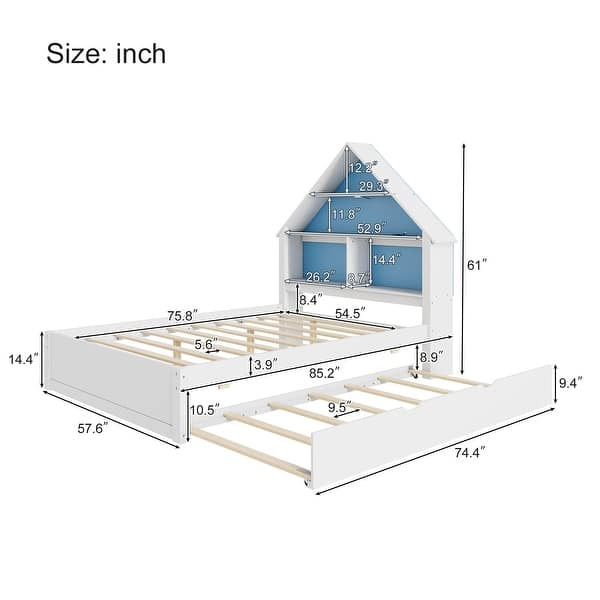 dimension image slide 1 of 2, Full Size Wood House-Shaped Bed with Bookcase Headboard and Led Light and Trundle for Kids Boys Girls