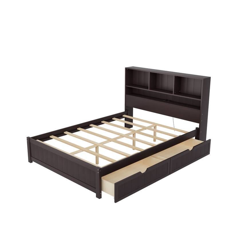 Wood Platform Bed with Bookcase Headboard, Built-in Downlight, Charging Station & 2 Side Drawers