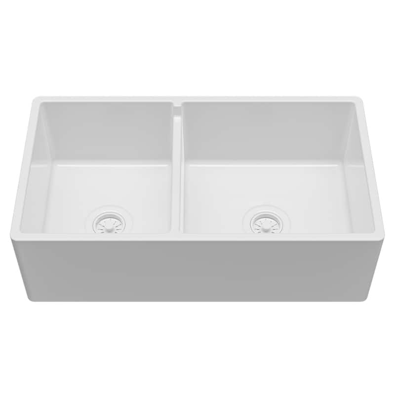 Karran 33" Double Bowl Panel Front Farmhouse Fireclay Kitchen Sink with Reversible Apron Front