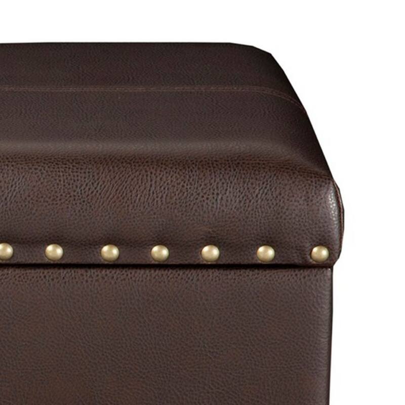 Leatherette Upholstered Wooden Storage Bench with Nail Head Trim Accent, Espresso Brown