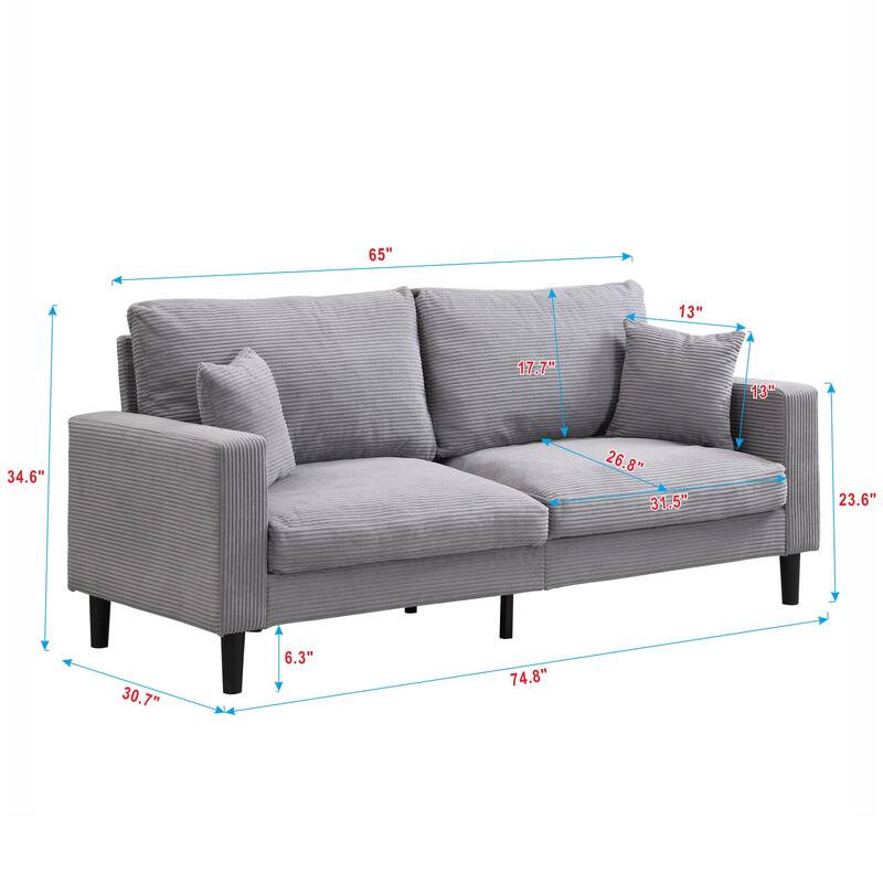 Small Space Friendly 74 Modern 3-Seater High Resilience Upholstered Sofa - Wooden Frame Comfy for Living Room Bedroom Apartment