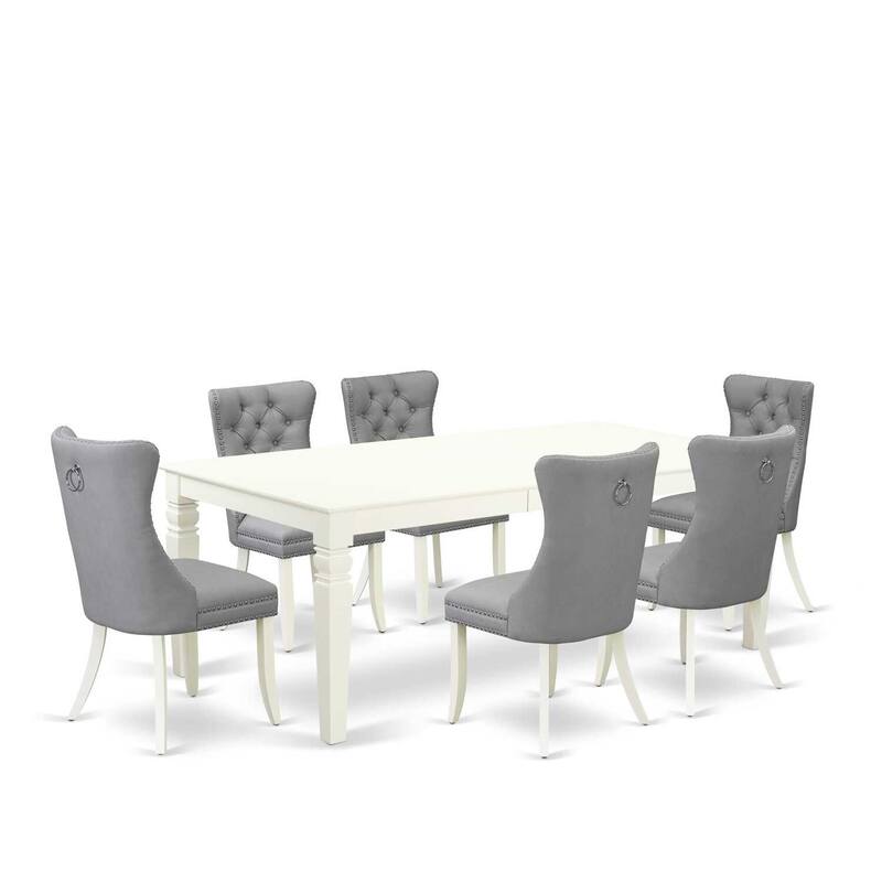 Modern 7 Piece Dining Set - Rectangle Table with Leaf & 6 Linen White Chairs
