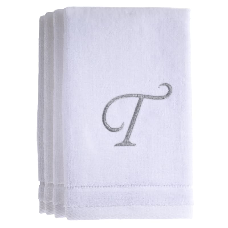 Monogrammed White Fingertip Towel Set of 4 Embroidered with Initial - T