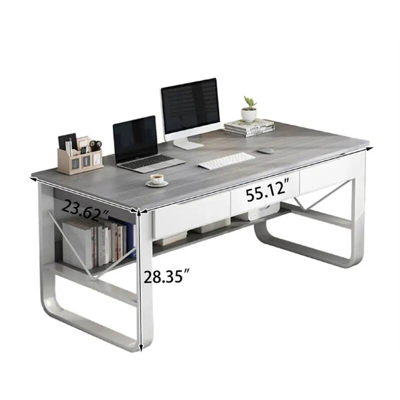 55.12"W Rectangle Desk Grey White with Drawer