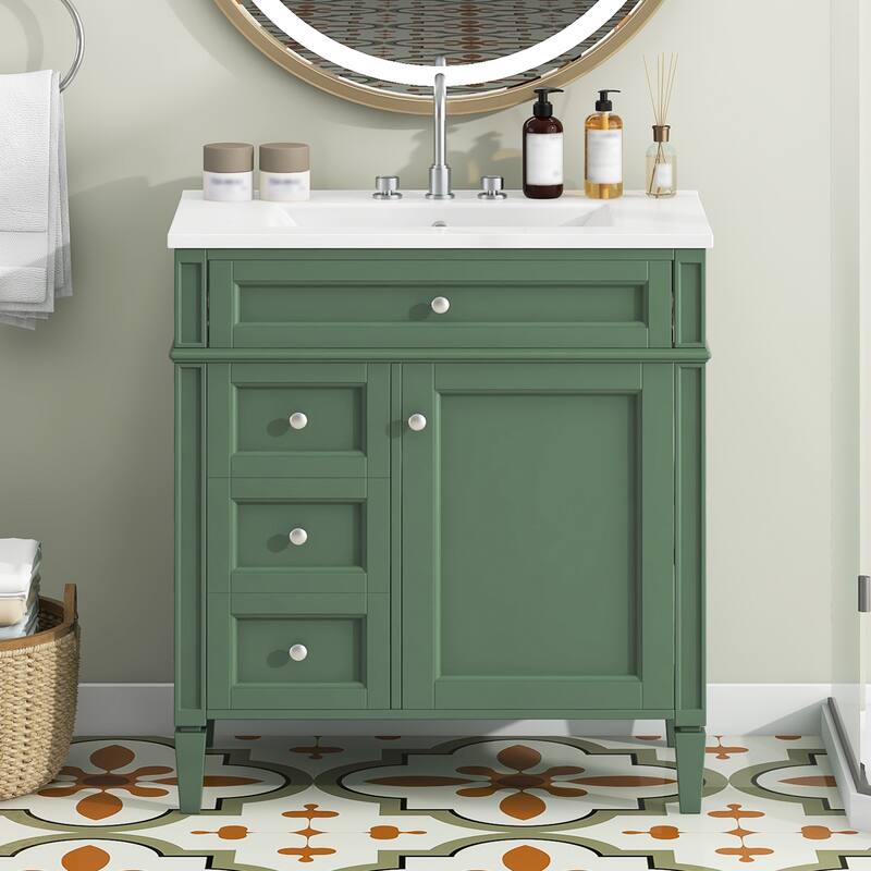 30" Bathroom Vanity Cabinet with Sink, Modern Freestanding Vanity with 2 Storage Drawers, Tip-out Drawer, and Adjustable Shelf