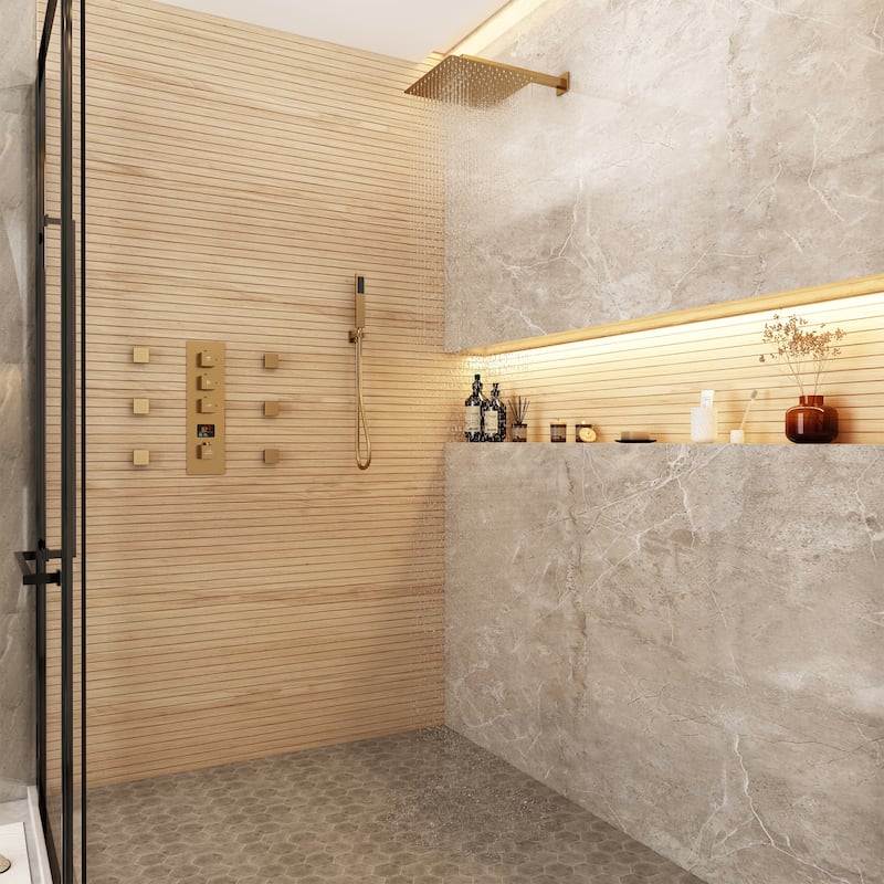 CASAINC 12 Inch Wall Mounted Square Shower Head Shower System with Handheld Shower Body Digital Display Shower 6 Body Jet