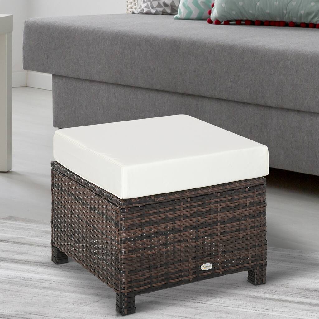 Outsunny Modern Rectangle Rattan Wicker Ottoman Footrest with Removable Cushion and Modern Design for Outdoor/Indoor Use
