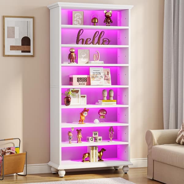 9-tier Tall Bookshelves LED Bookcase for Study Room - White