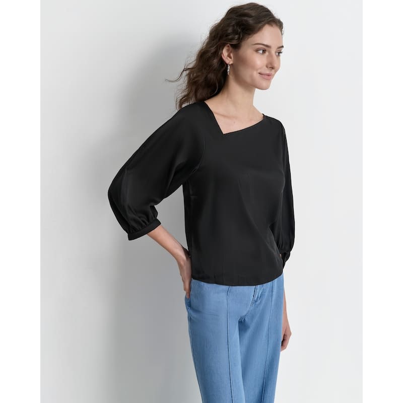 DKNY Asymmetric Neck Puff Sleeve Top - XS - Black