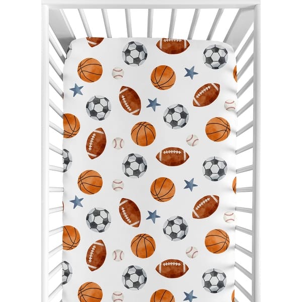 slide 2 of 6, Sweet Jojo Designs Sports Theme Boy Fitted Crib Sheet Watercolor Vintage Soccer Balls Football Baseball Basketball Blue Stars