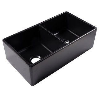Austen Matte Black Fireclay 33" Double Bowl Farmhouse Apron Front Undermount Kitchen Sink and Drains