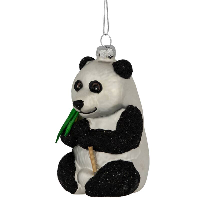 Glittered Panda Bear Glass Christmas Hanging Ornament - 4" - Black and White