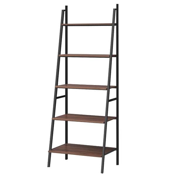 Costway Industrial Ladder Shelf Rustic 5 Tier Leaning Bookshelf Wood See Details Overstock 31784567