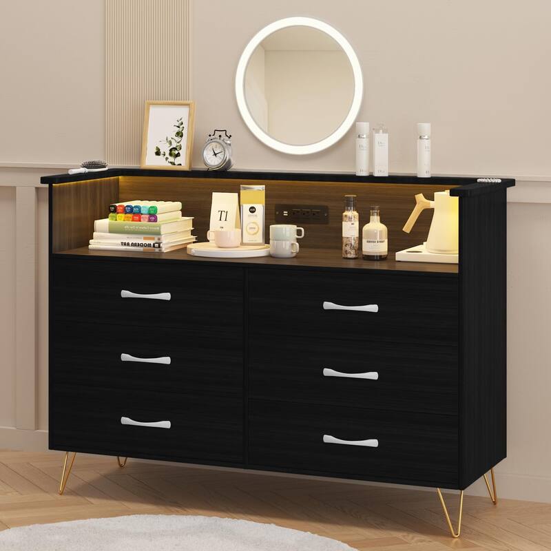 White Dresser with LED Light for Bedroom 6 Drawer - Black