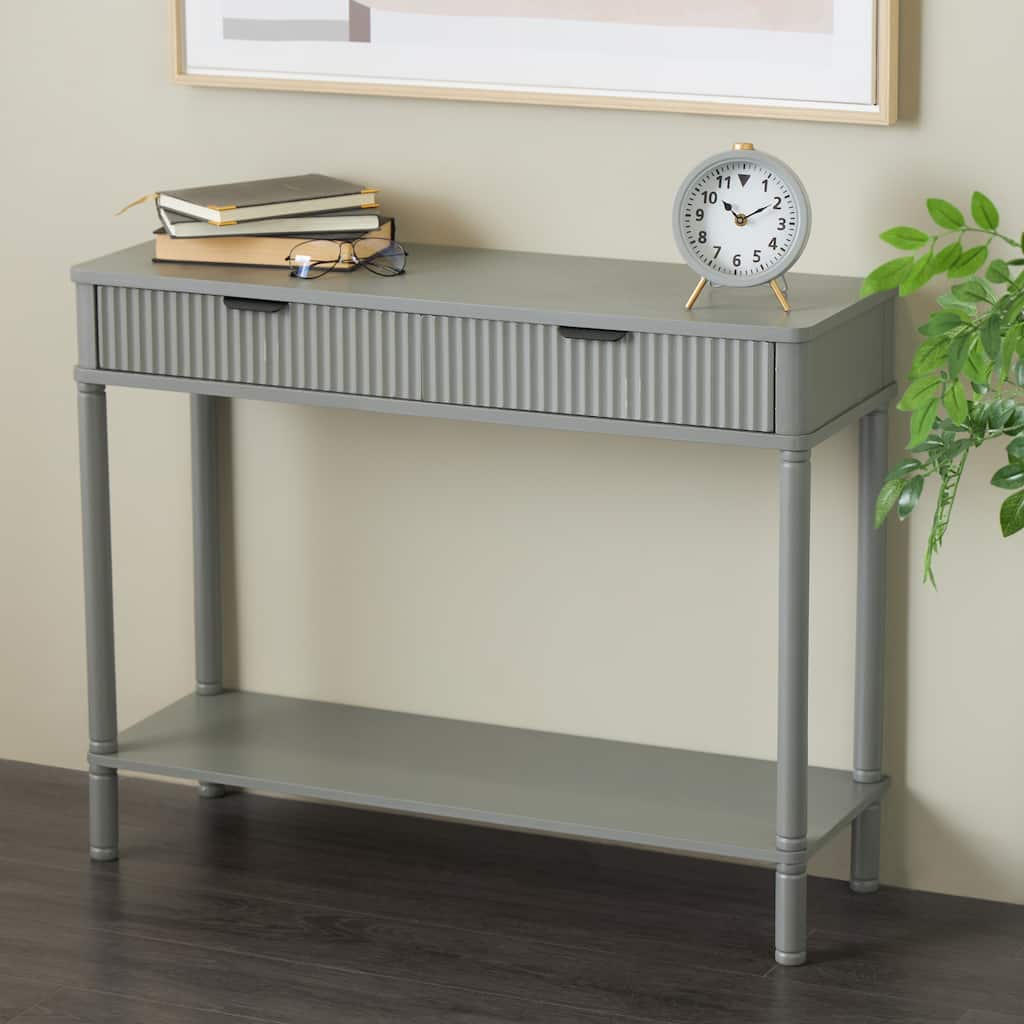 Gray Wood Handmade 2 Drawer Living Room Console Table with Black Handle and Ribbed Front