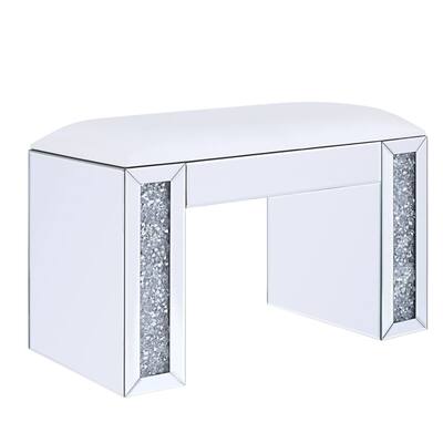 Wood and Mirror Vanity Stool with Leatherette Upholstered Seat, White and Clear
