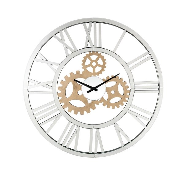 Round Mirror Panel Open Frame Wall Clock with Gear Design, Silver. Opens flyout.