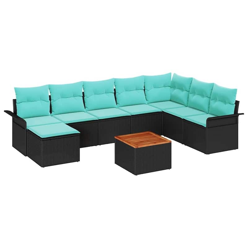 vidaXL 9 Garden Sofa Set with Cushions Black Poly Rattan - 117.1 x 73.8 x 27.2