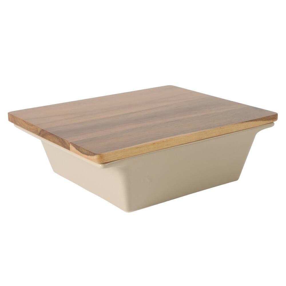 Gibson Elite 2 Quart or 2.75-Quart Stoneware Baking Dish with Acacia Wood Lid - Taupe Rectangular Oven Safe Baker