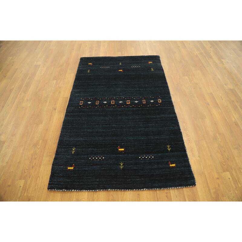 Hand Knotted Oriental 100% Wool Carpet Tribal Animal Pictorial Navy Blue & Blues Gabbeh Area Rug - 4' 10'' X 3' 0''