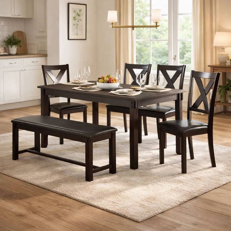 Rubber Wood 6 Pieces Dining Set In Espresso Brown