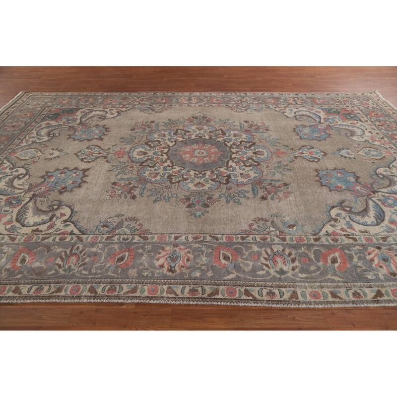 Hand Knotted Oriental 100% Wool Carpet Traditional Medallion Brown Tabriz Area Rug - 11' 4'' X 7' 10''