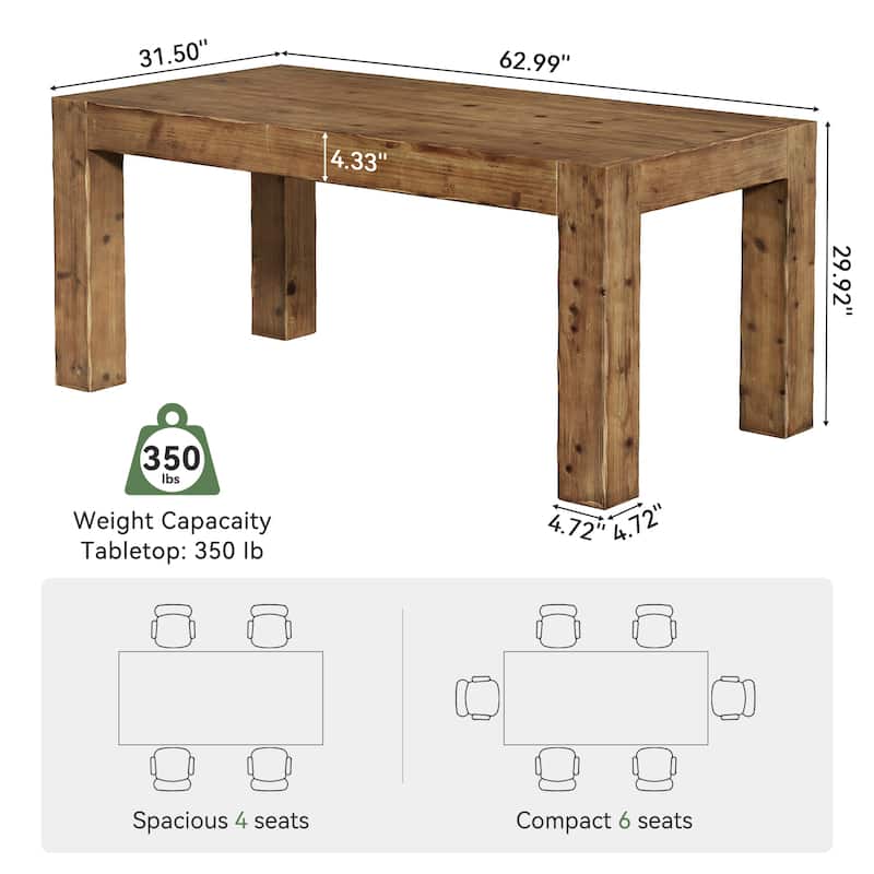 Solid Wood 63" Rectangular Dining Table for 4-6 - 31.5" D x 63" W x 29.92" H