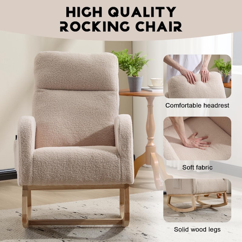Solid Wood Modern Rocking Chair with High Back and Pocket - 29.5" D x 24.8" W x 40.9" H