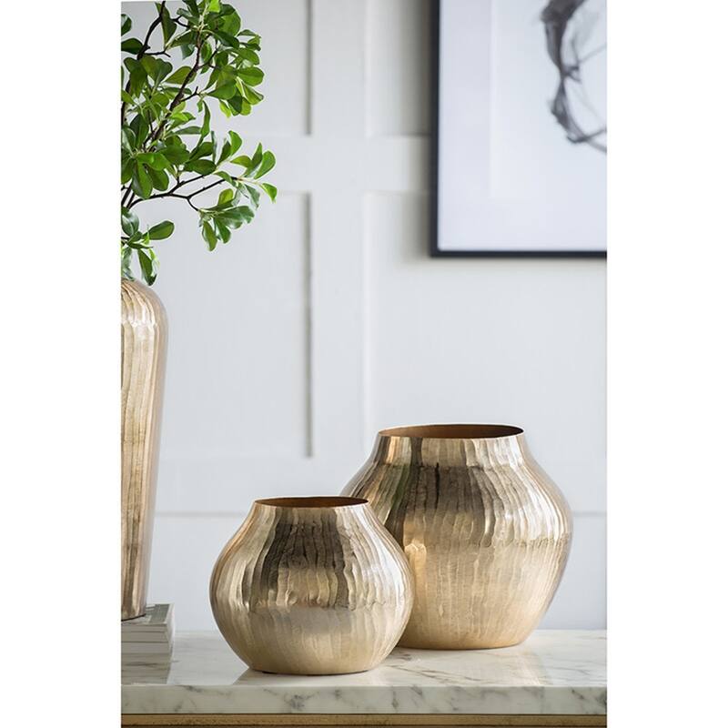 11x11x9" Gold Aluminum Flower Vase Modern Tabletop Decor Metallic Finish