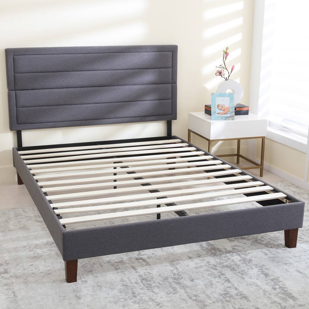 Upholstered Platform Bed Frame Queen ， Headboad and Storage ，Wood Slat Support