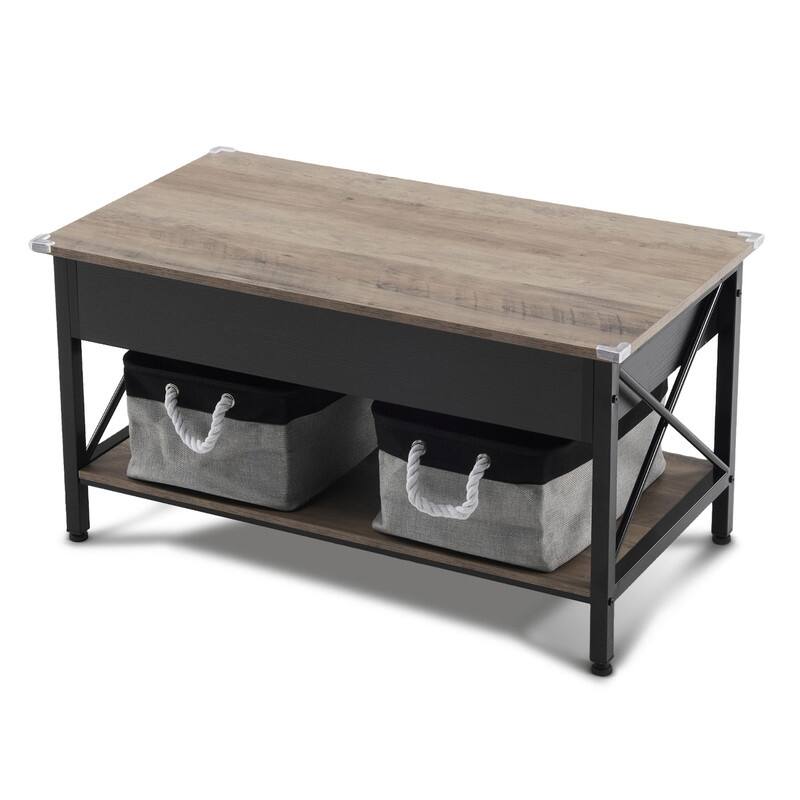 VINGLI Adjustable with Crossbar, Black Side X-shaped Metal Frame, Rectangular, Gray Washboard Coffee Table - Grey