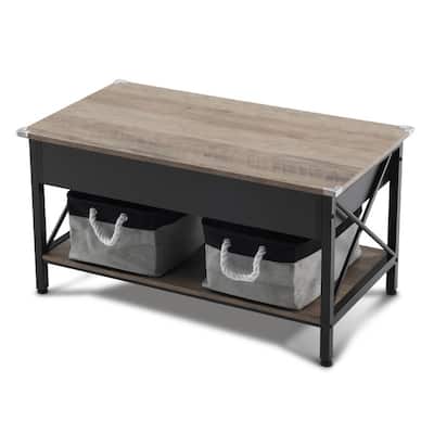 VINGLI Adjustable with Crossbar, Black Side X-shaped Metal Frame, Rectangular, Gray Washboard Coffee Table