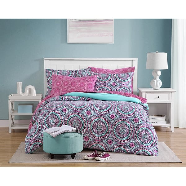slide 2 of 10, ALEX + BELLA Thalia Pink/Aqua Ultra Soft Microfiber Comforter Bedding Set with Extra Bonus Sheet Set Pink/Aqua - 11 Piece - Full Size