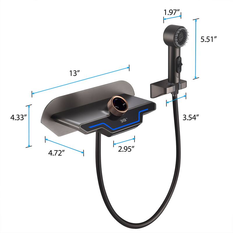 3-Way Digital Waterfall Bathroom Sink Faucet with Side Spray in Grey/White